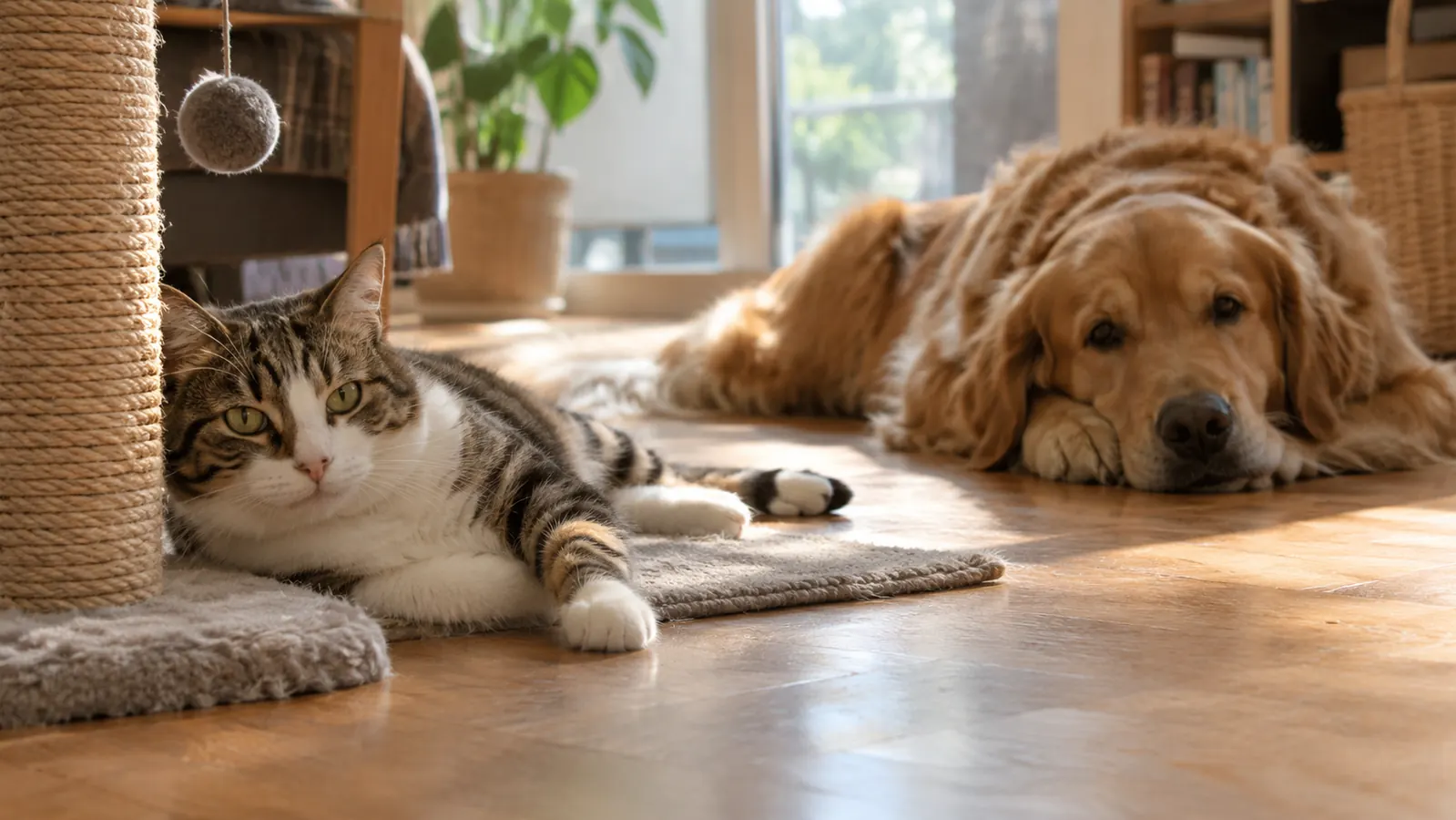 A cat resting on the floor beside a tall sisal scratching post while a large dog naps nearby