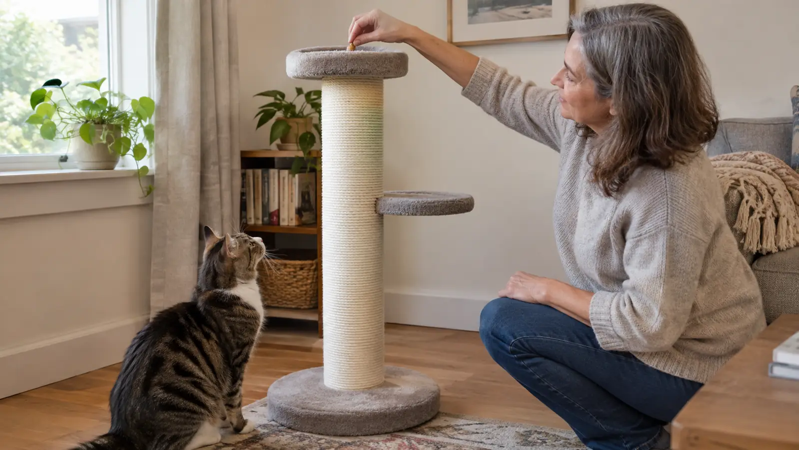 A hand placing a cat treat on a shelf near the top of a tall sisal scratching post