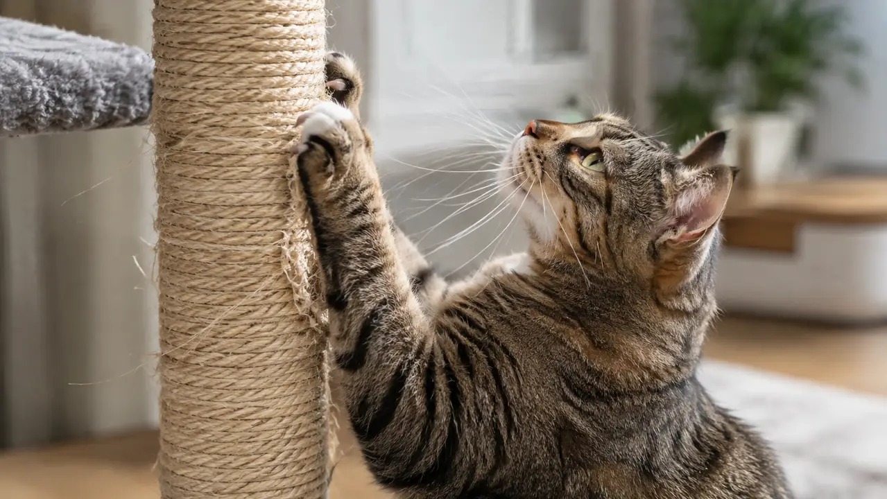 A cat stretched tall against a sisal post, front claws dug in mid-scratch