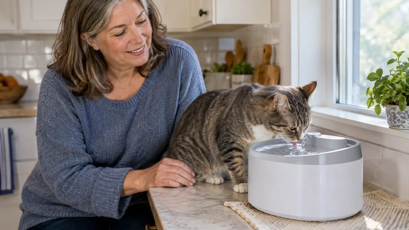 A cat drinking from the basin of a cat water fountain on a kitchen floor in natural light