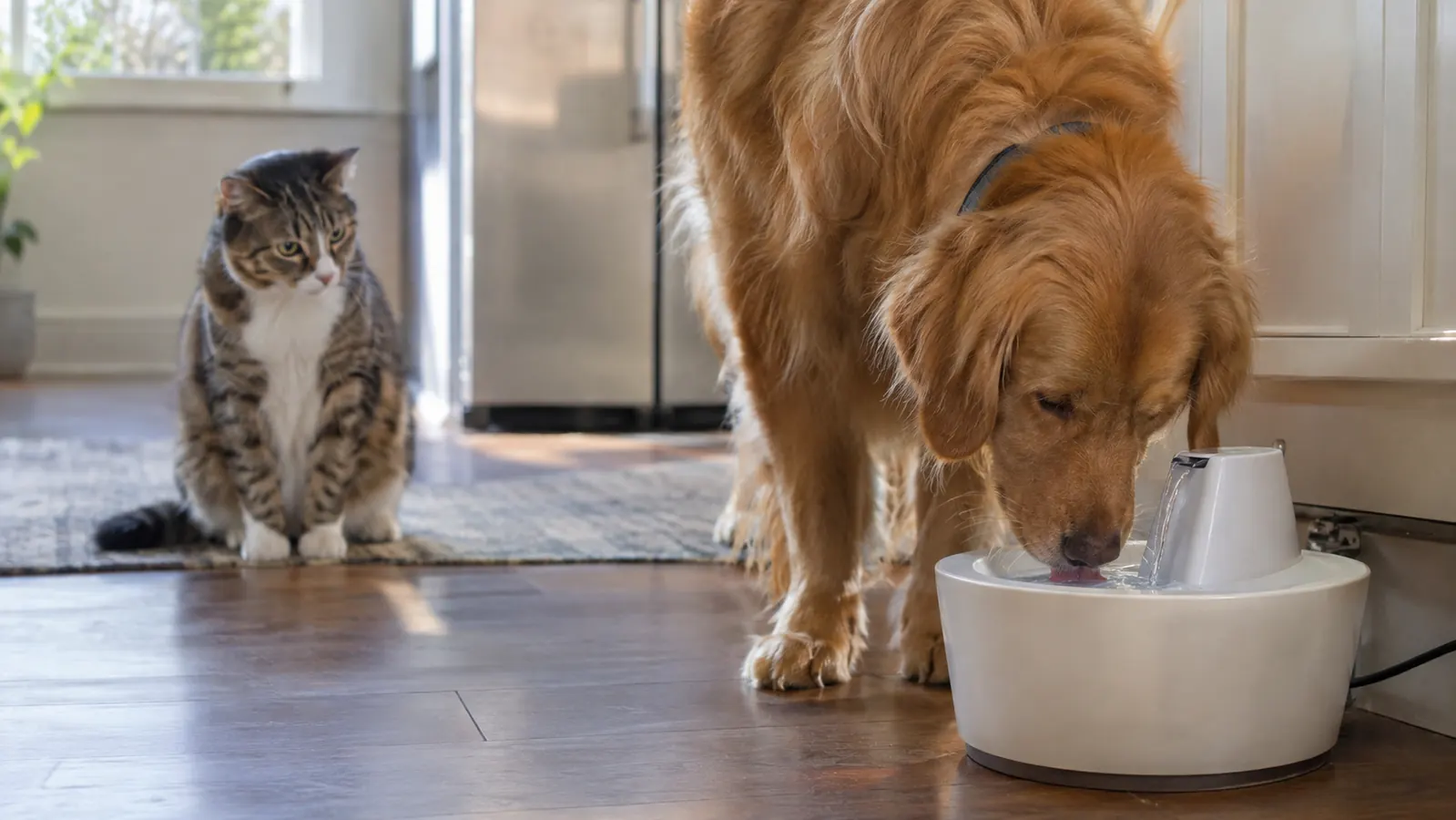 A large dog lapping water from the basin of a cat water fountain while a cat sits a few feet away watching
