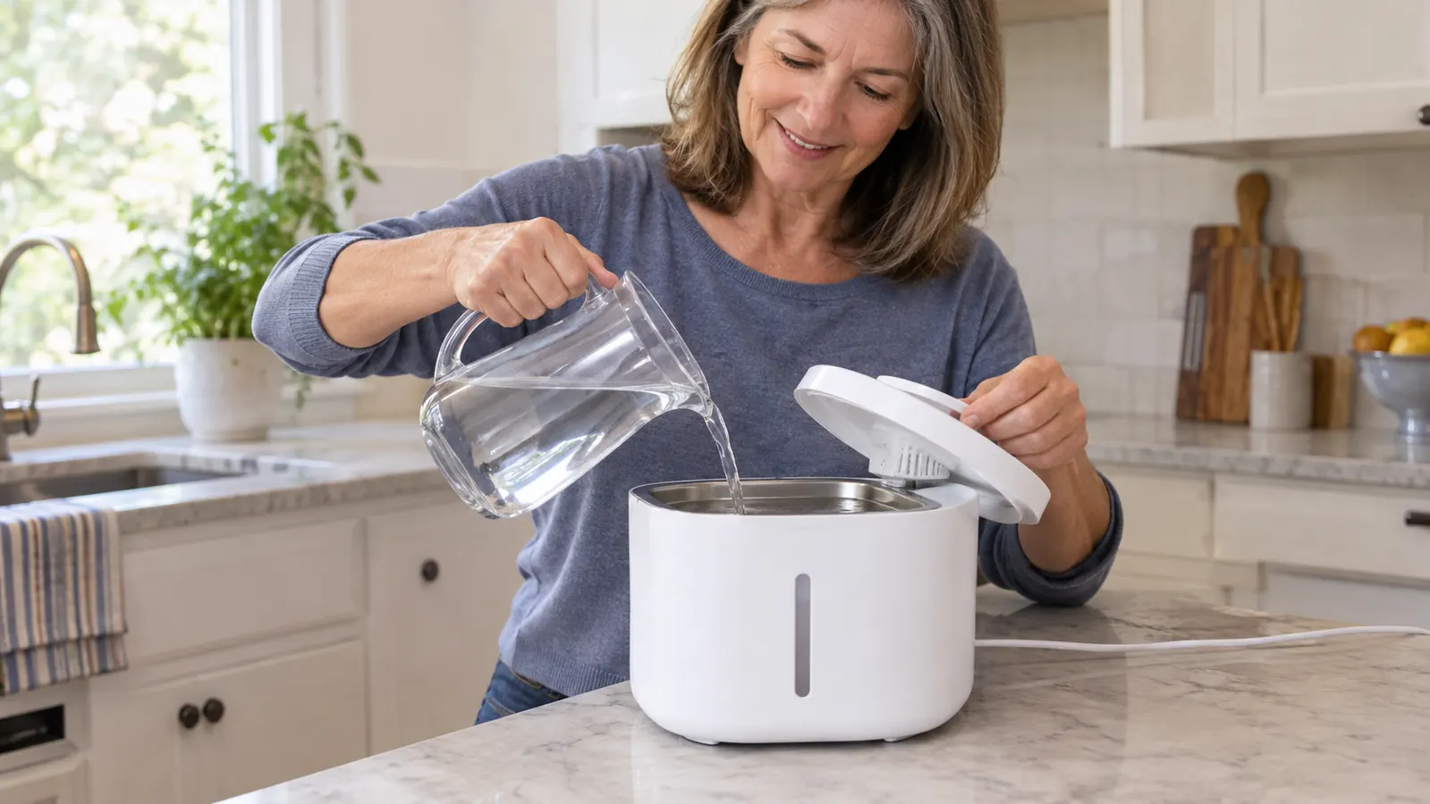 A person's hand refilling a pet water fountain from a pitcher on a kitchen counter