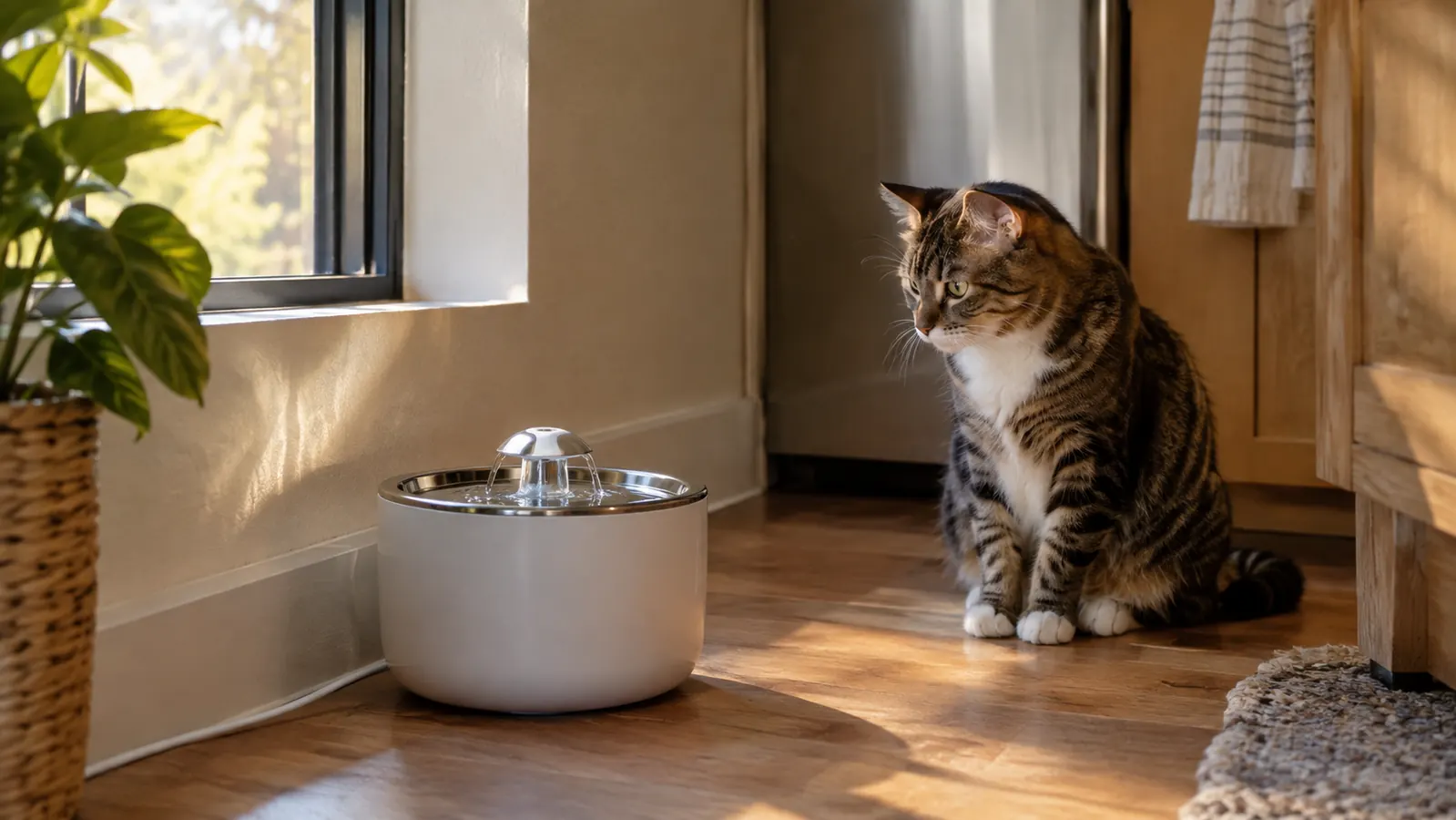 A pet water fountain in a kitchen corner with a cat sitting a few feet away watching it