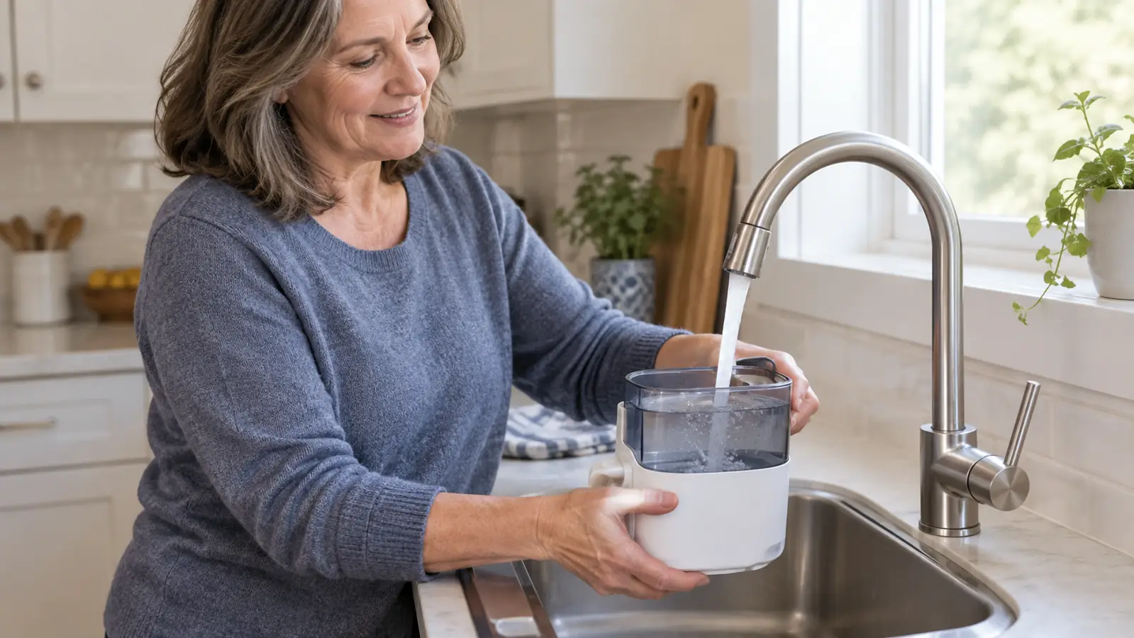 A person filling a pet water fountain at the kitchen sink