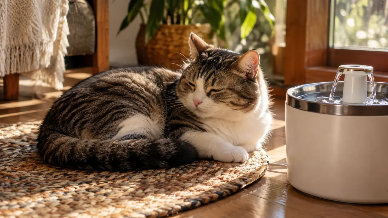 A cat resting on a kitchen rug beside a pet water fountain