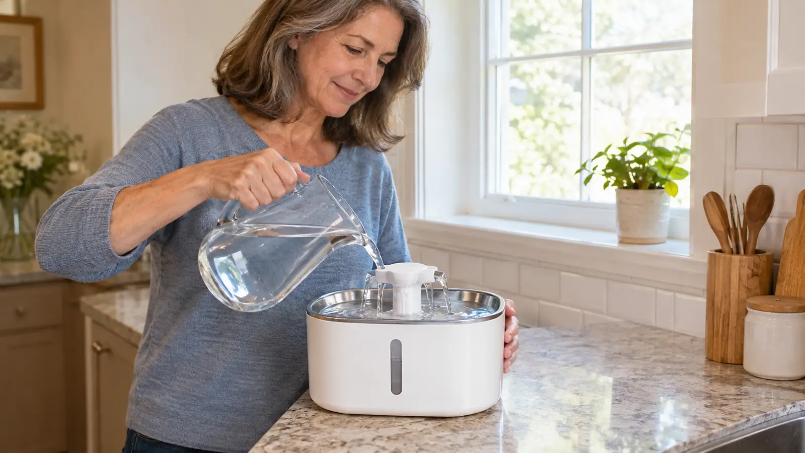 A person's hand refilling a Veken pet fountain with water from a pitcher on a kitchen counter