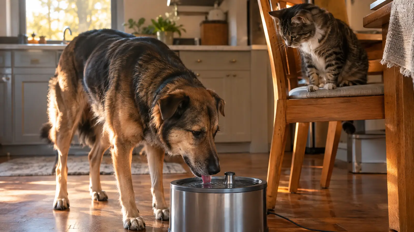 A large dog drinking from a pet water fountain while a cat watches from a chair